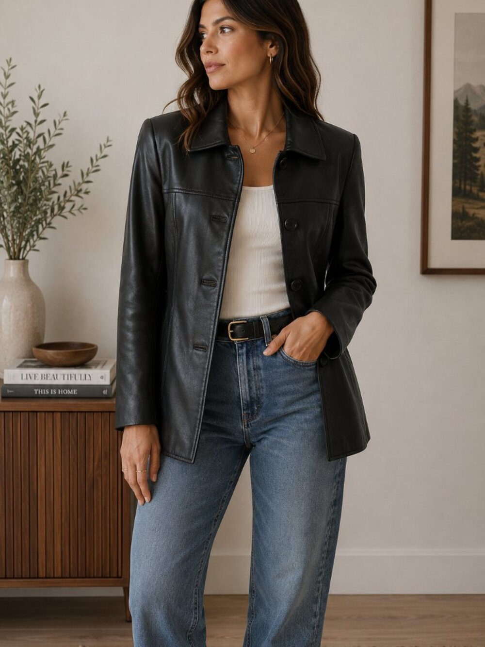 Vintage Black Genuine Leather Blazer Jacket 90s Tailored Minimalist Size 10 ✨